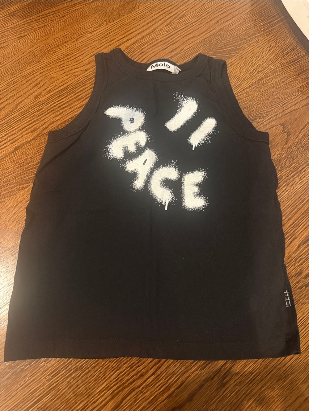 Molo Black Tank Top with White 'PEACE' Spray Graphic